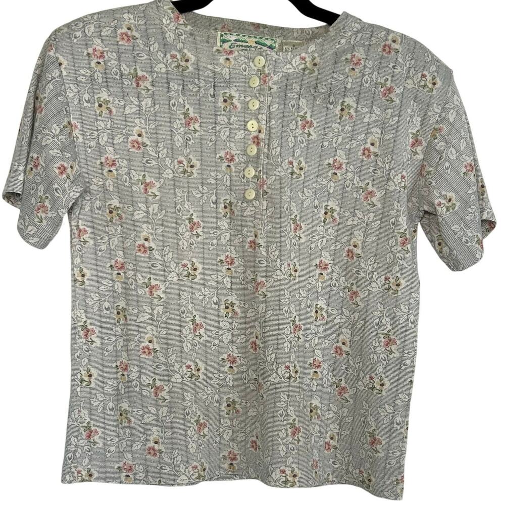 VTG Emerald Isle Grey Floral Ribbed Henley Top Small Grannycore 90s Shoulder Pad